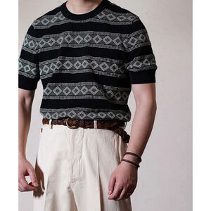 Diamond Pattern Jacquard Crew Neck T-Shirt - White/Black Annual Ring L